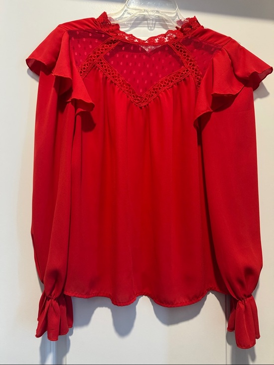 SHEIN Tops - Red Front Lace Ruffle Long-Sleeve Women's Office Work Top